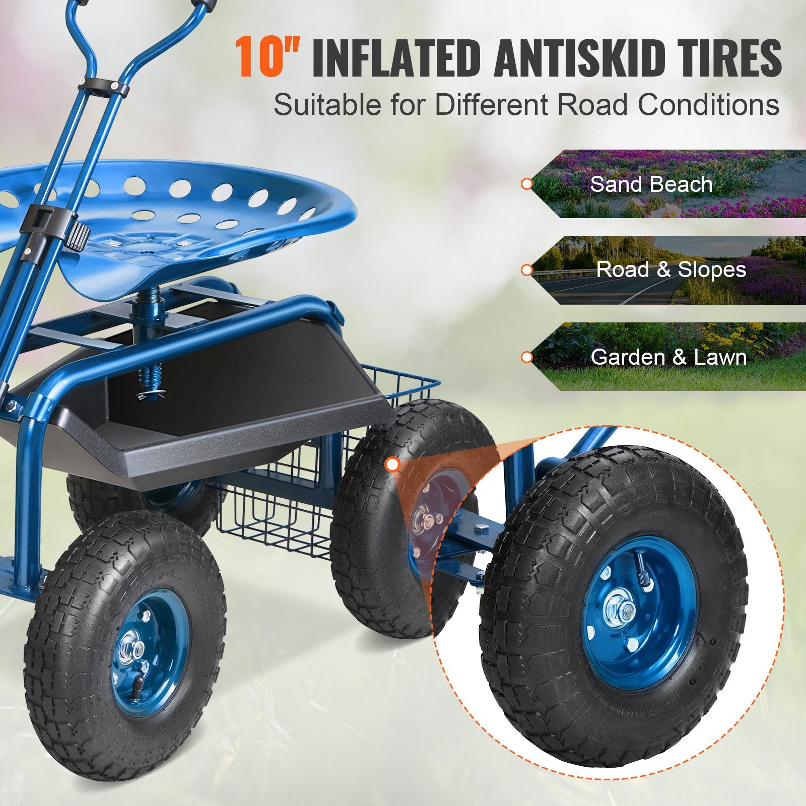 Sodo kėdutė su ratukais VEVOR TC4501S-BL, 136 kg apkrova