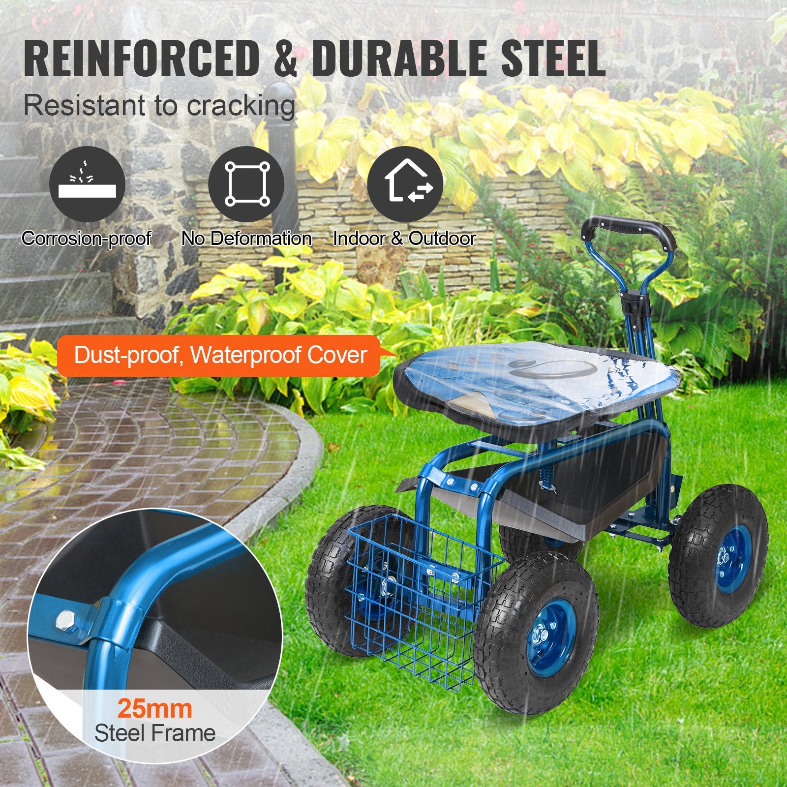 Sodo kėdutė su ratukais VEVOR TC4501S-BL, 136 kg apkrova