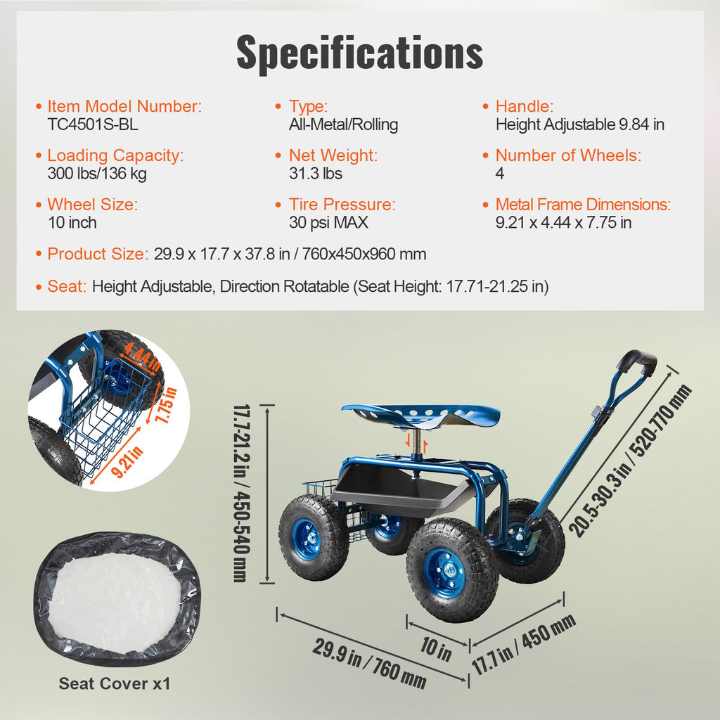 Sodo kėdutė su ratukais VEVOR TC4501S-BL, 136 kg apkrova