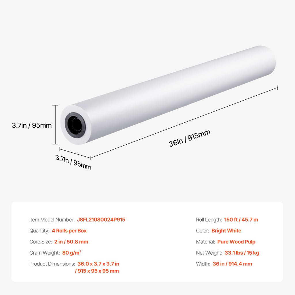Plačiaformatis braižytuvo popierius VEVOR JSFL21080024P915, 914 mm x 45,7 m