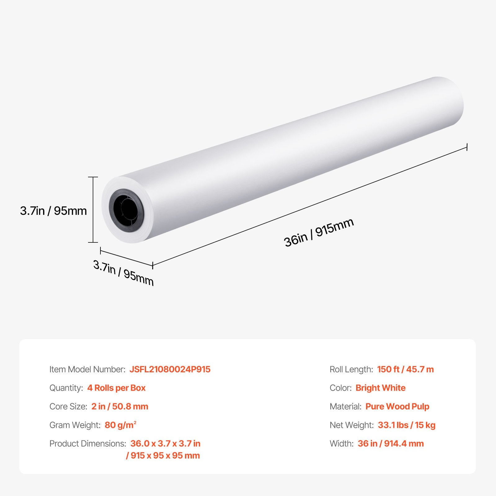 Plačiaformatis braižytuvo popierius VEVOR JSFL21080024P915, 914 mm x 45,7 m