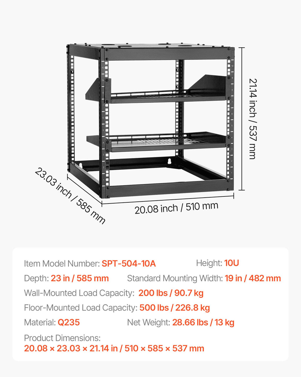 Atviro rėmo tinklo spinta VEVOR SPT-504-10A, 10U