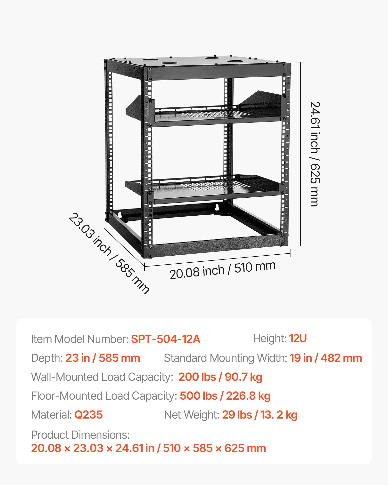 Atviro rėmo tinklo spinta VEVOR SPT-504-12A, 12U
