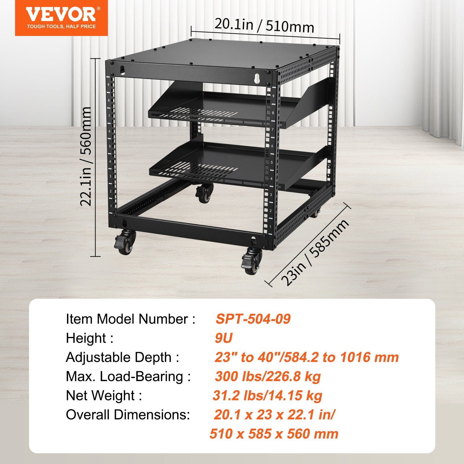 Atviro rėmo serverių spinta VEVOR SPT-504-09, 9U, reguliuojamas gylis