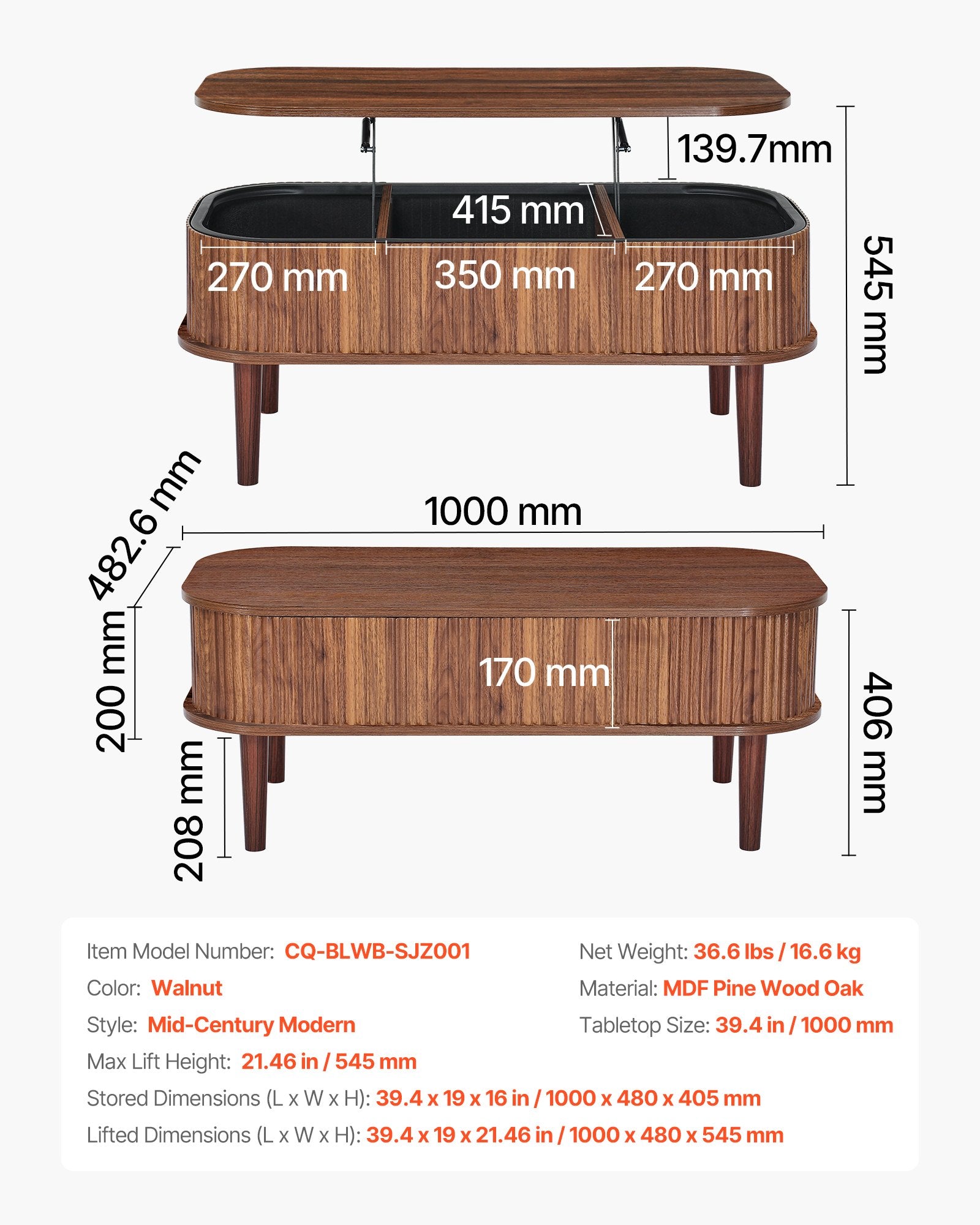 Kavos staliukas su pakeliamu stalviršiu VEVOR CQ-BLWB-SJZ001, 1000 mm