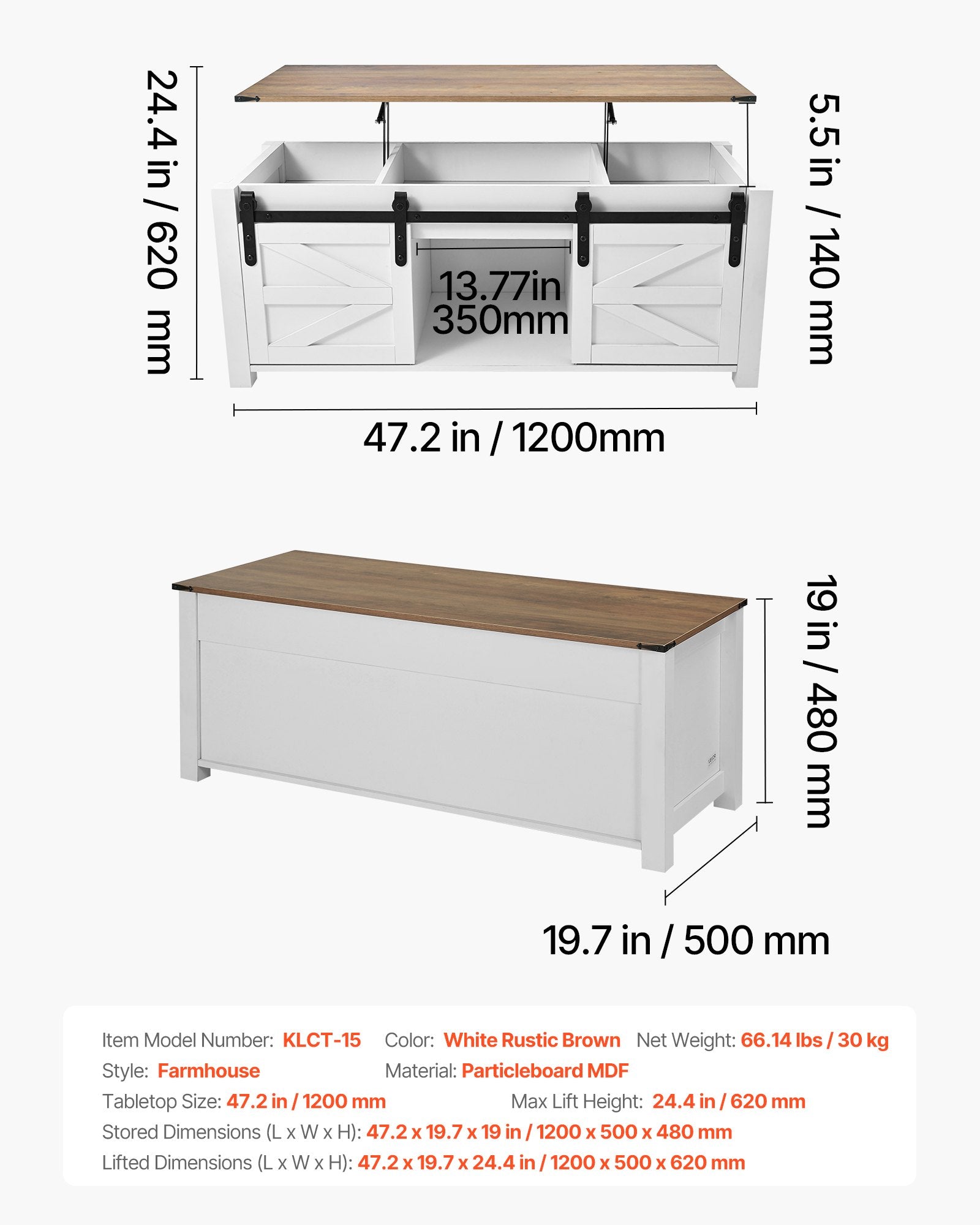 Kavos staliukas su pakeliamu stalviršiu VEVOR KLCT-15, 1200 mm ilgio