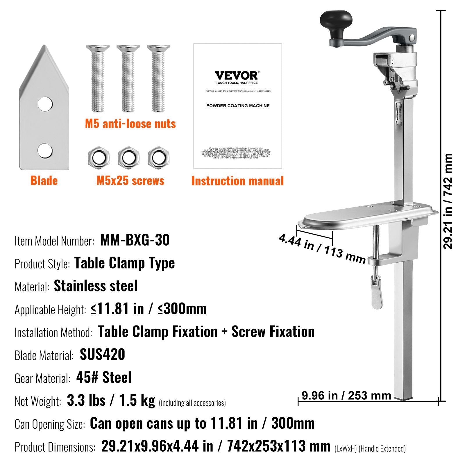 Rankinis skardinių atidarytuvas VEVOR MM-BXG-30, iki 30 cm aukščio skardinėms