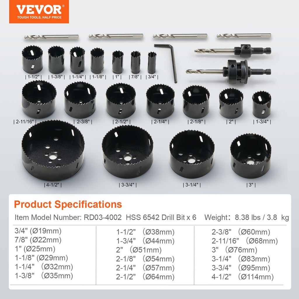 Karūninių grąžtų rinkinys VEVOR RD03-4002, 18 vnt. bimetalinių pjūklų