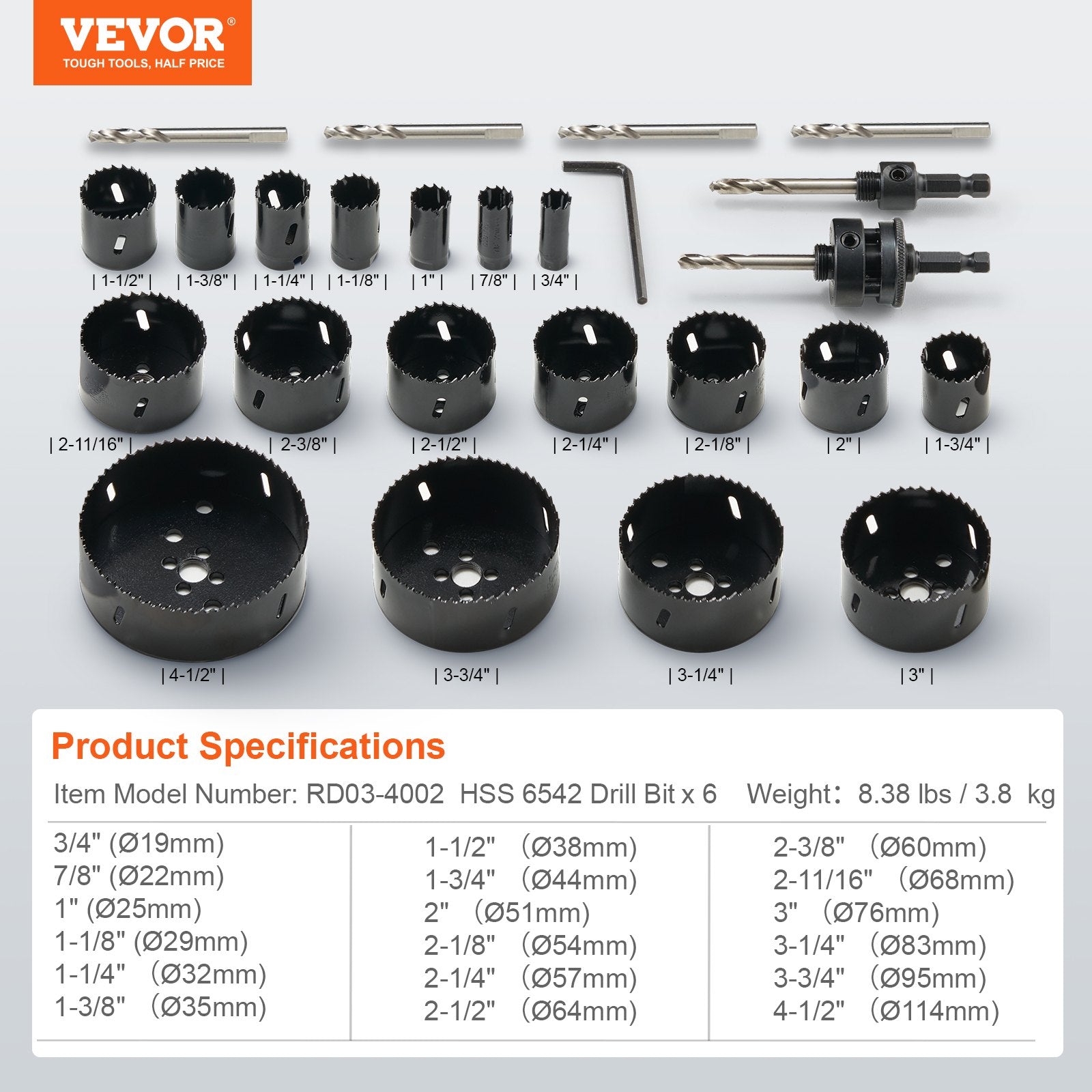 Karūninių grąžtų rinkinys VEVOR RD03-4002, 18 vnt. bimetalinių pjūklų