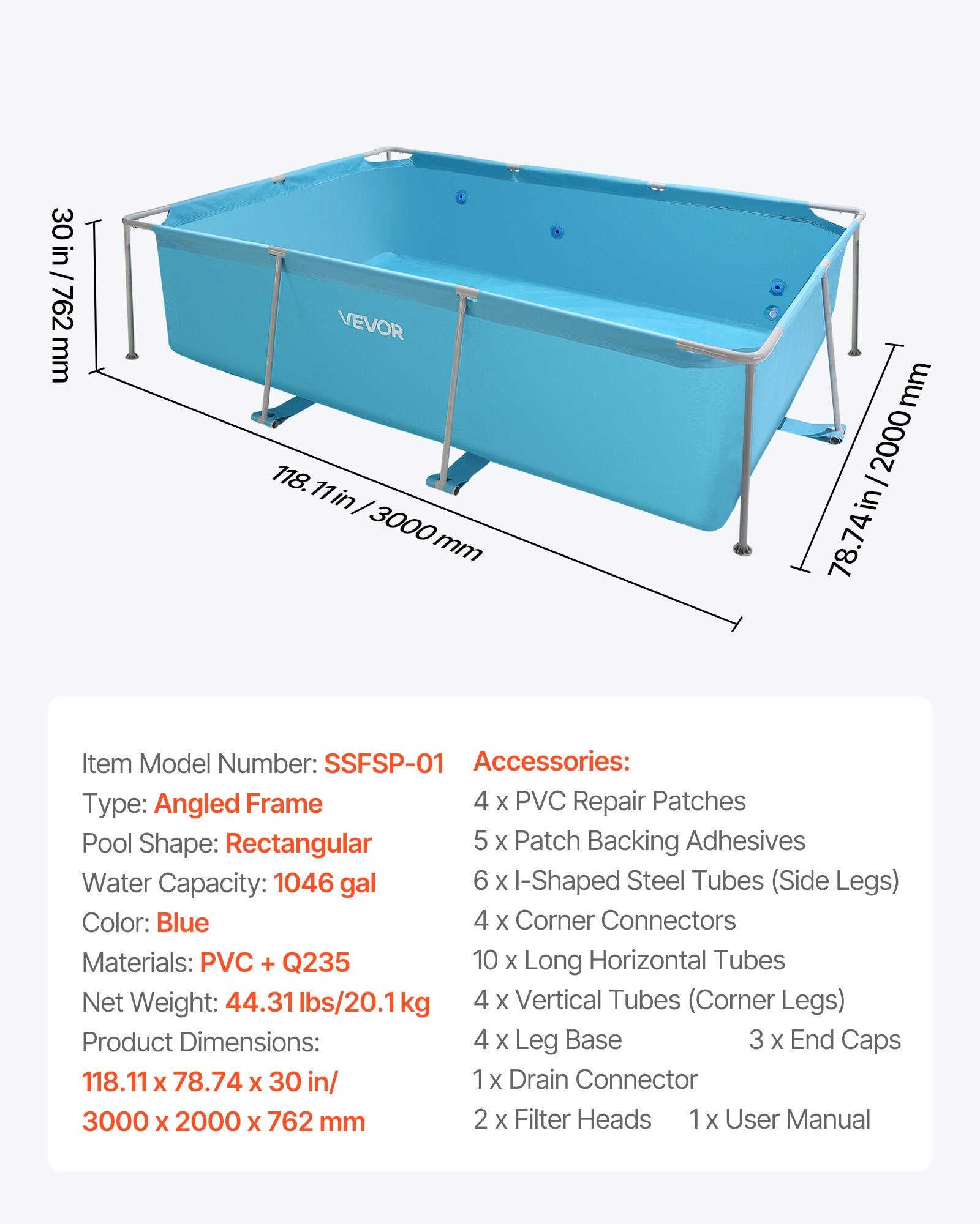 Karkasinis baseinas VEVOR SSFSP-01, 3 x 2 x 0,76 m