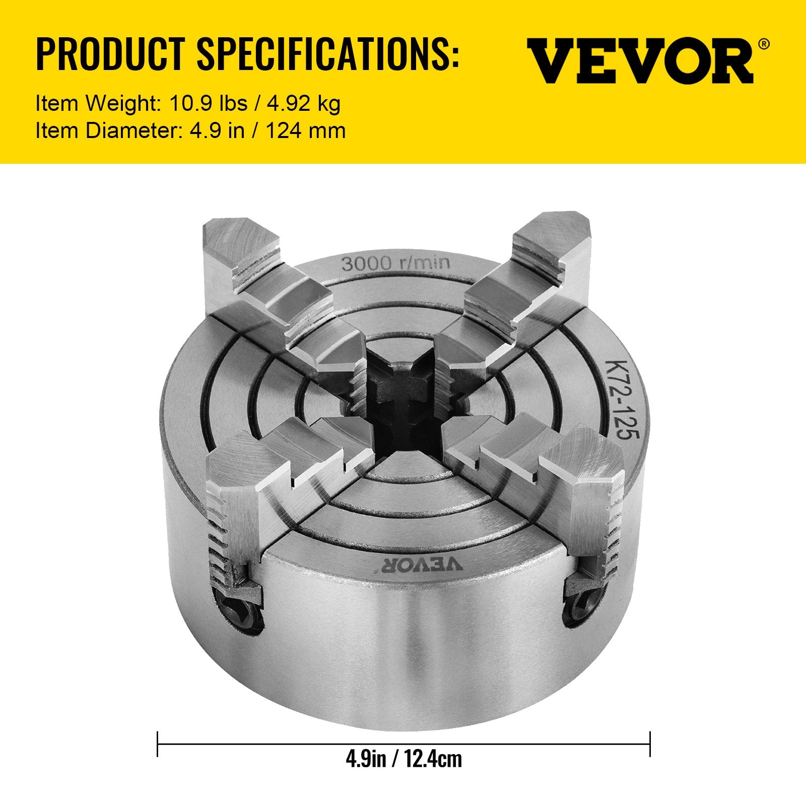 Tekinimo staklių griebtuvas VEVOR K72-125, 125 mm