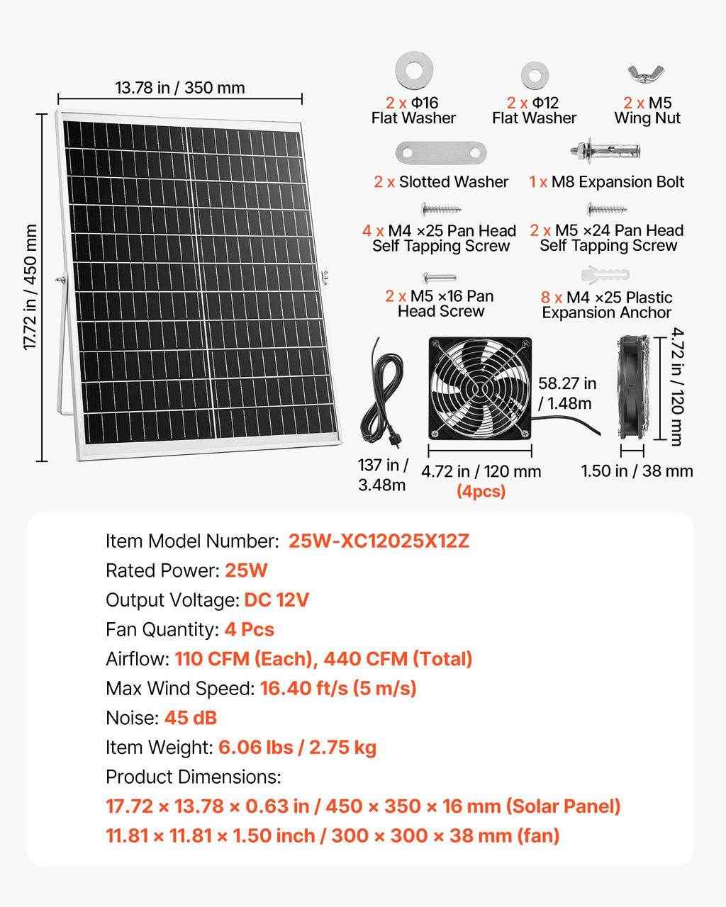 Saulės energija varomas ventiliatorius VEVOR 25W-XC12025X12Z, 25W
