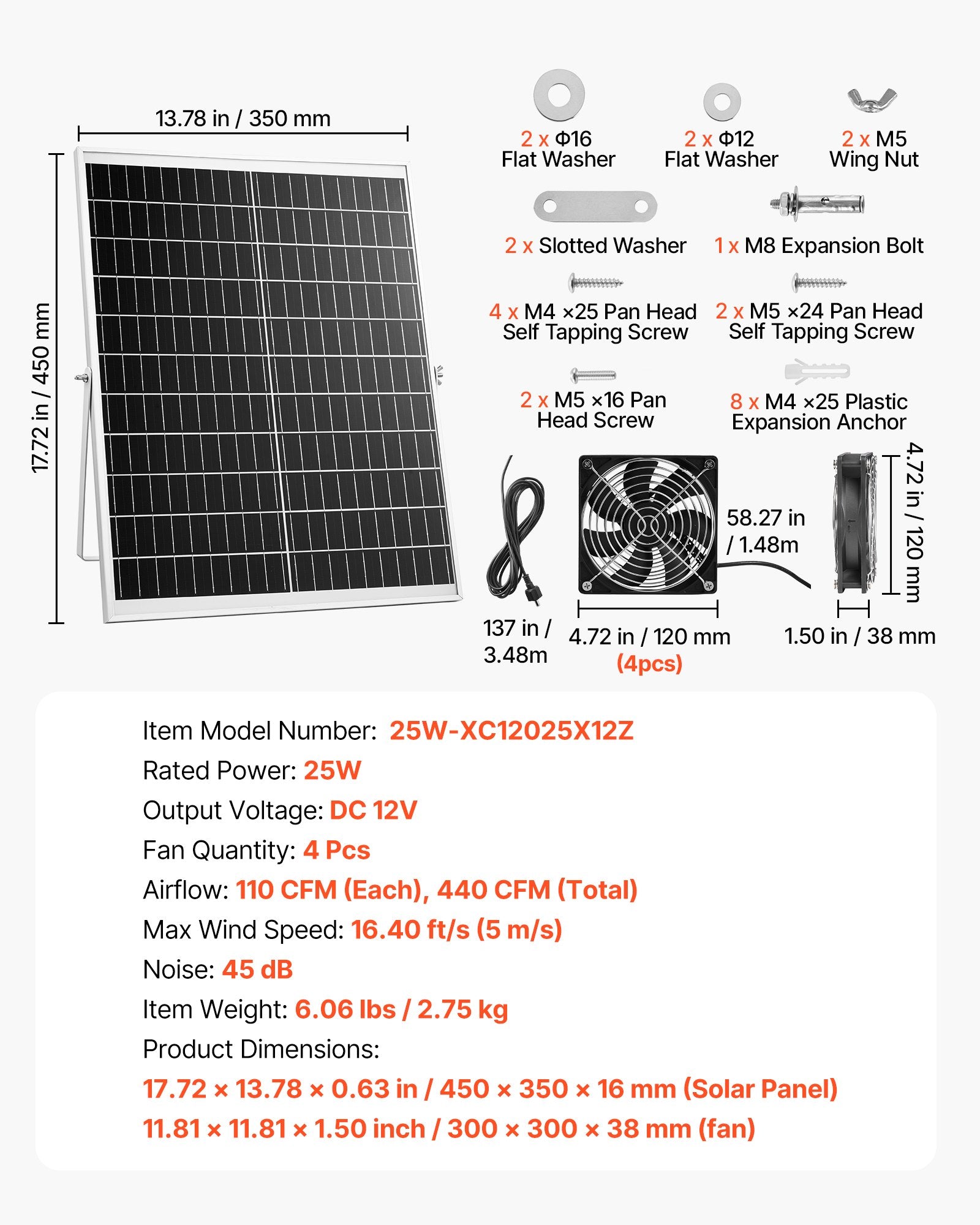 Saulės energija varomas ventiliatorius VEVOR 25W-XC12025X12Z, 25W