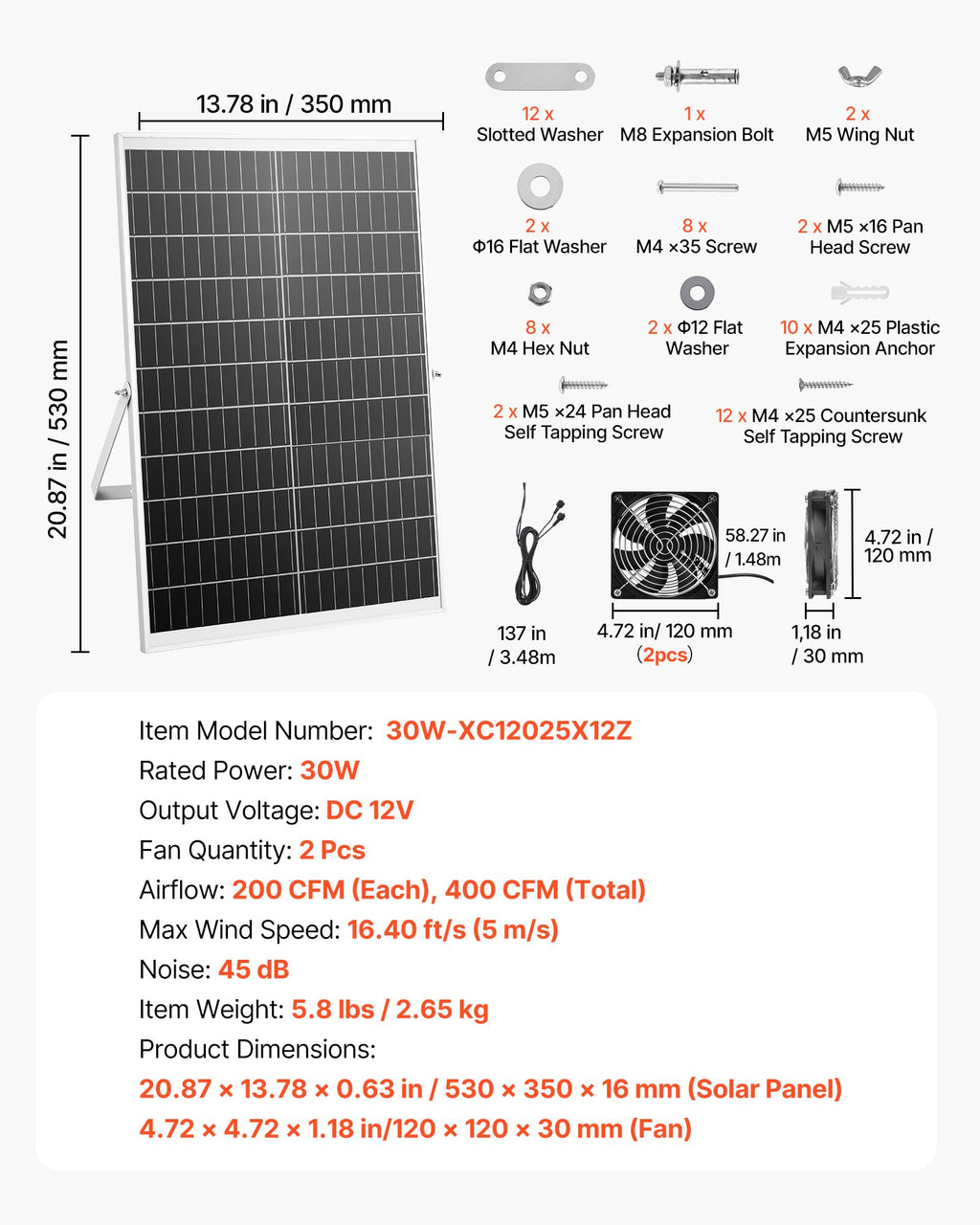Saulės energija varomas ventiliatorius VEVOR 30W-XC12025X12Z, 30 W