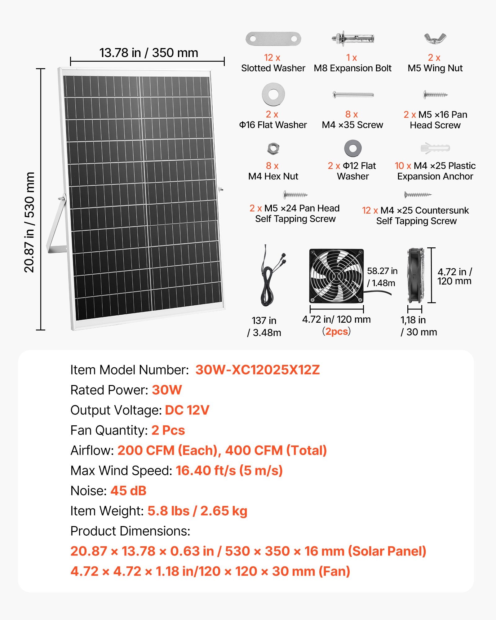 Saulės energija varomas ventiliatorius VEVOR 30W-XC12025X12Z, 30 W