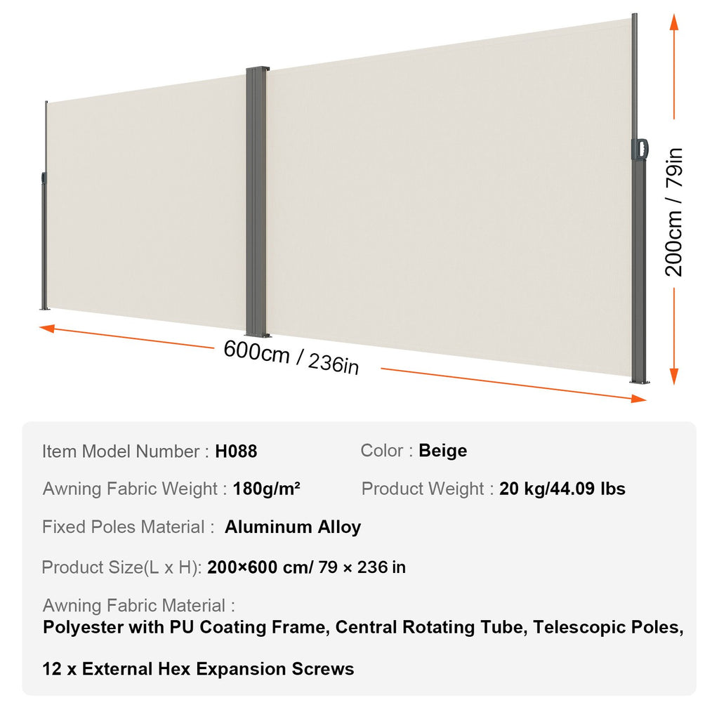 Ištraukiama šoninė markizė VEVOR H038, 200x600 cm