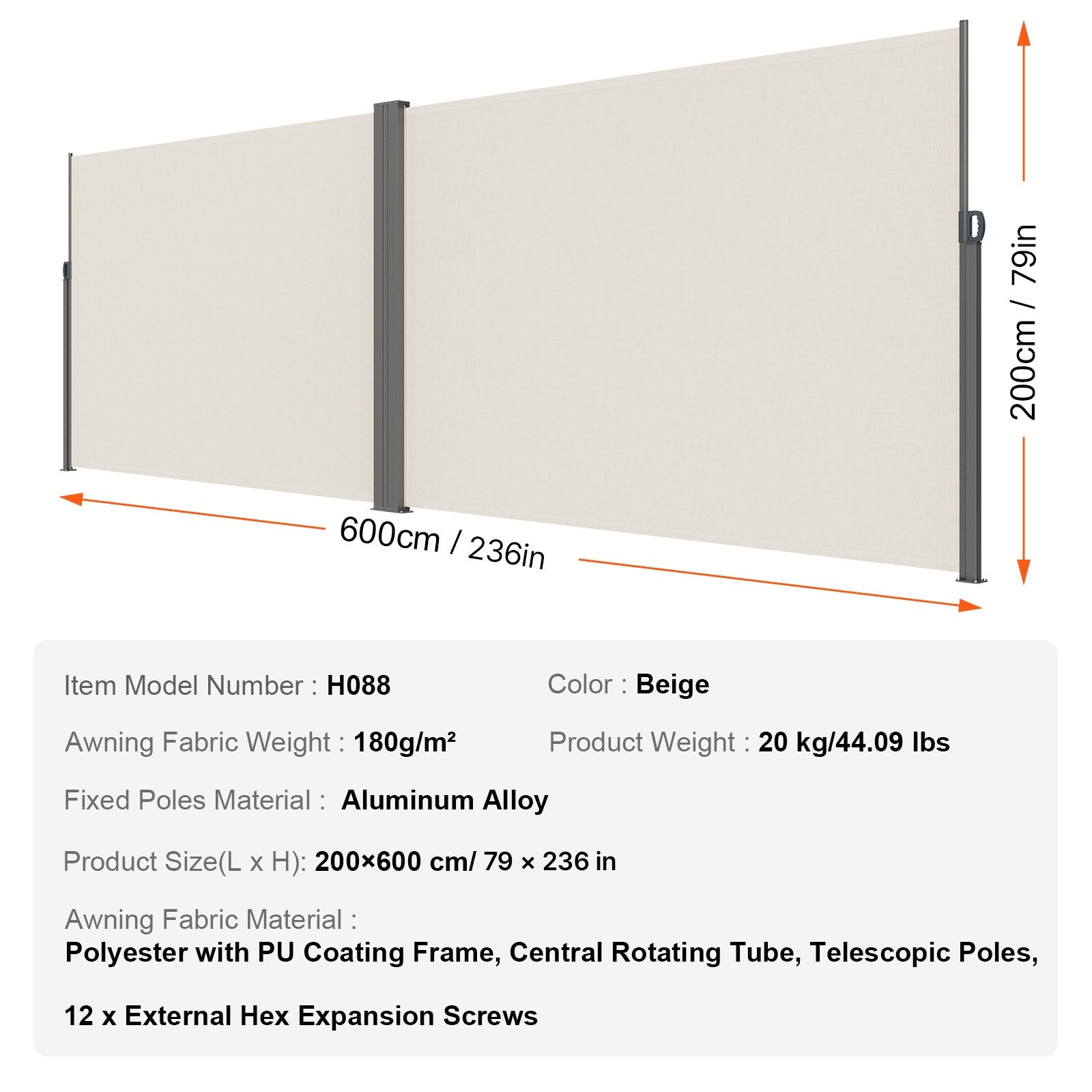Ištraukiama šoninė markizė VEVOR H038, 200x600 cm