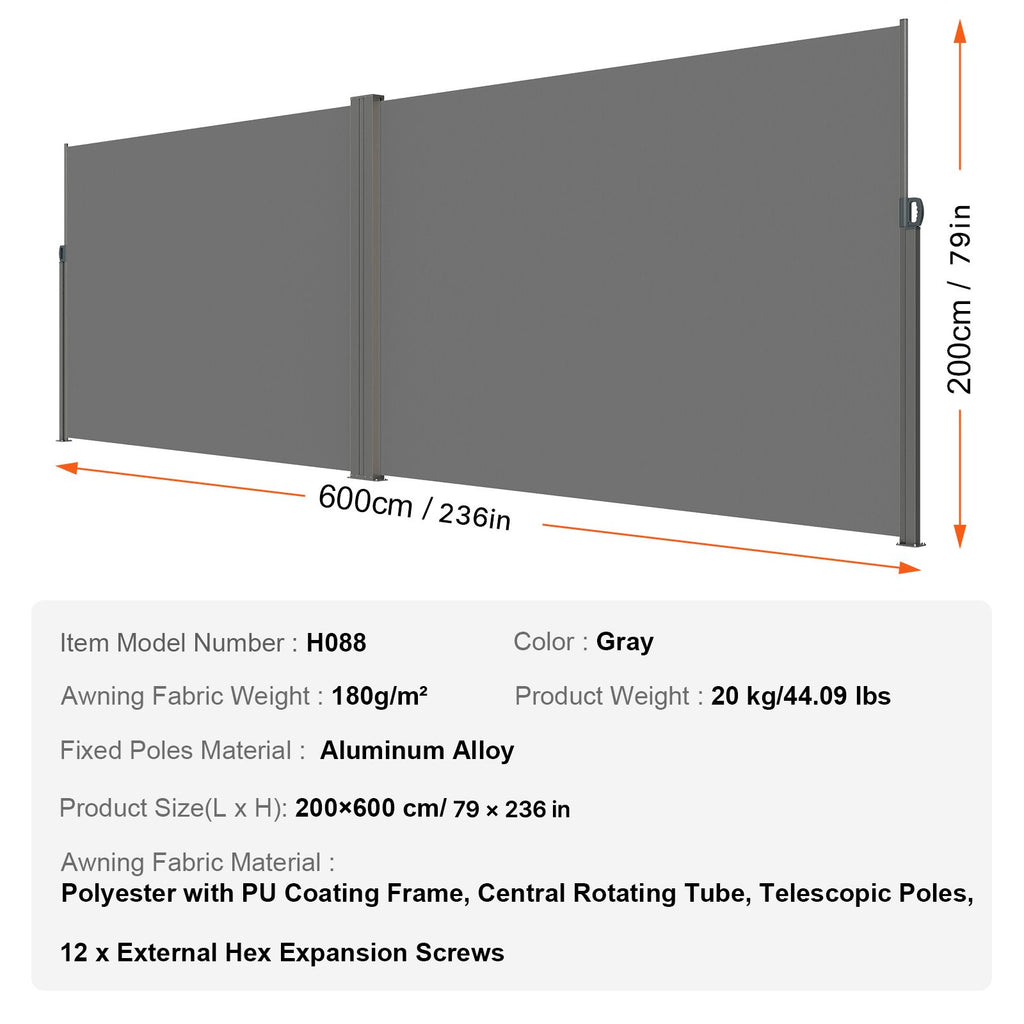Ištraukiama šoninė markizė VEVOR H038, 200x600 cm