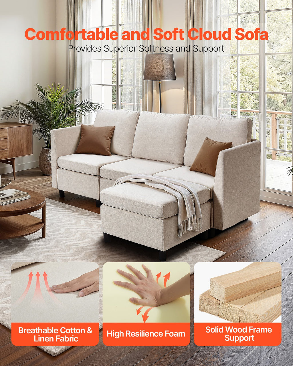 Modulinė kampinė sofa VEVOR SS001-3, 3 vietų su daiktadėžėmis