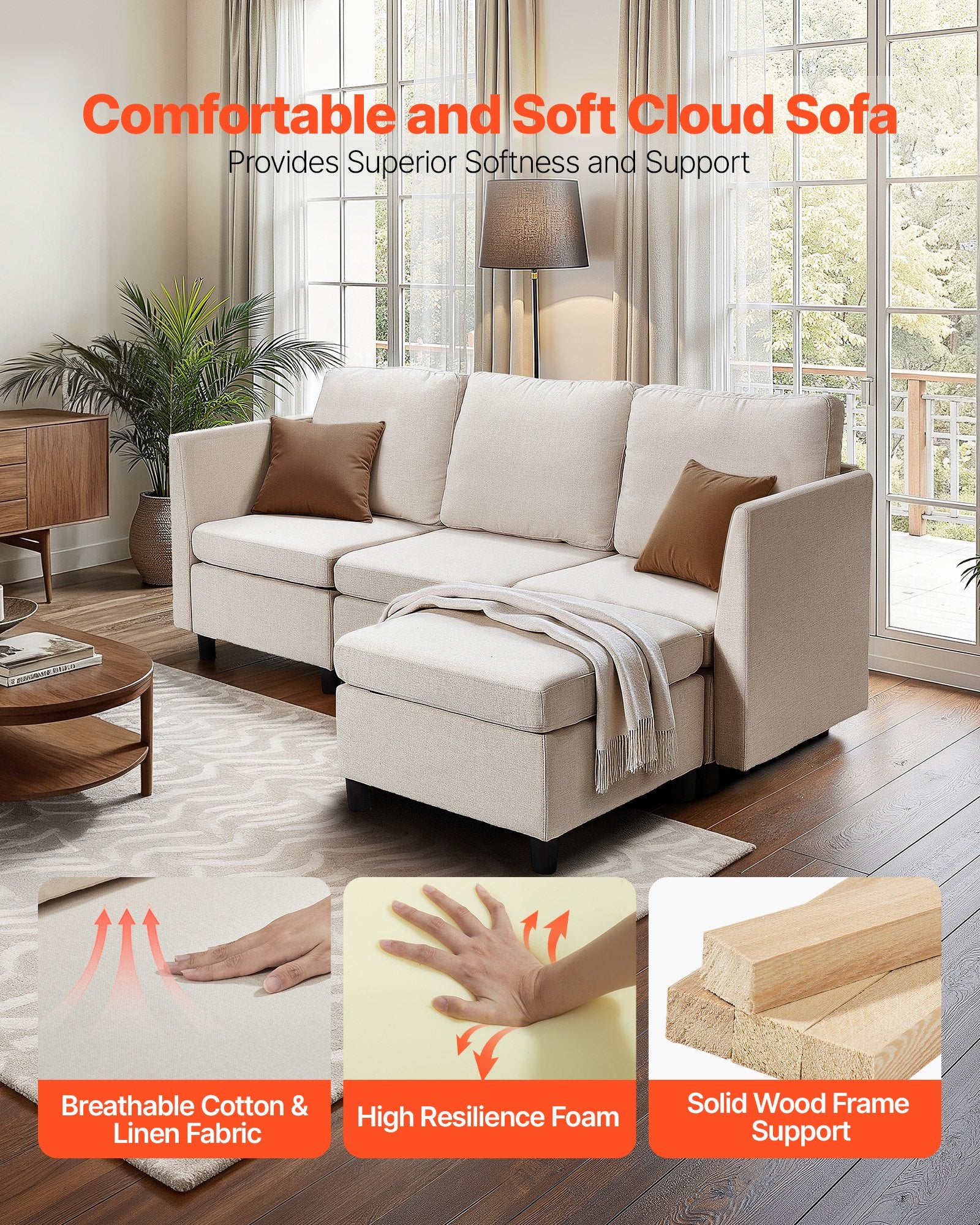 Modulinė kampinė sofa VEVOR SS001-3, 3 vietų su daiktadėžėmis