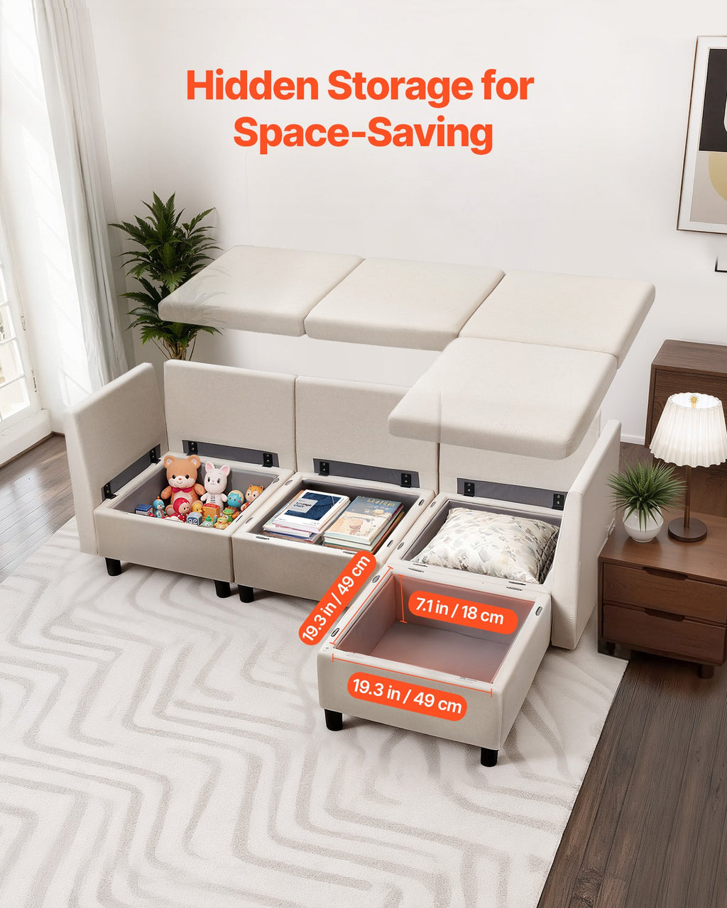 Modulinė kampinė sofa VEVOR SS001-3, 3 vietų su daiktadėžėmis