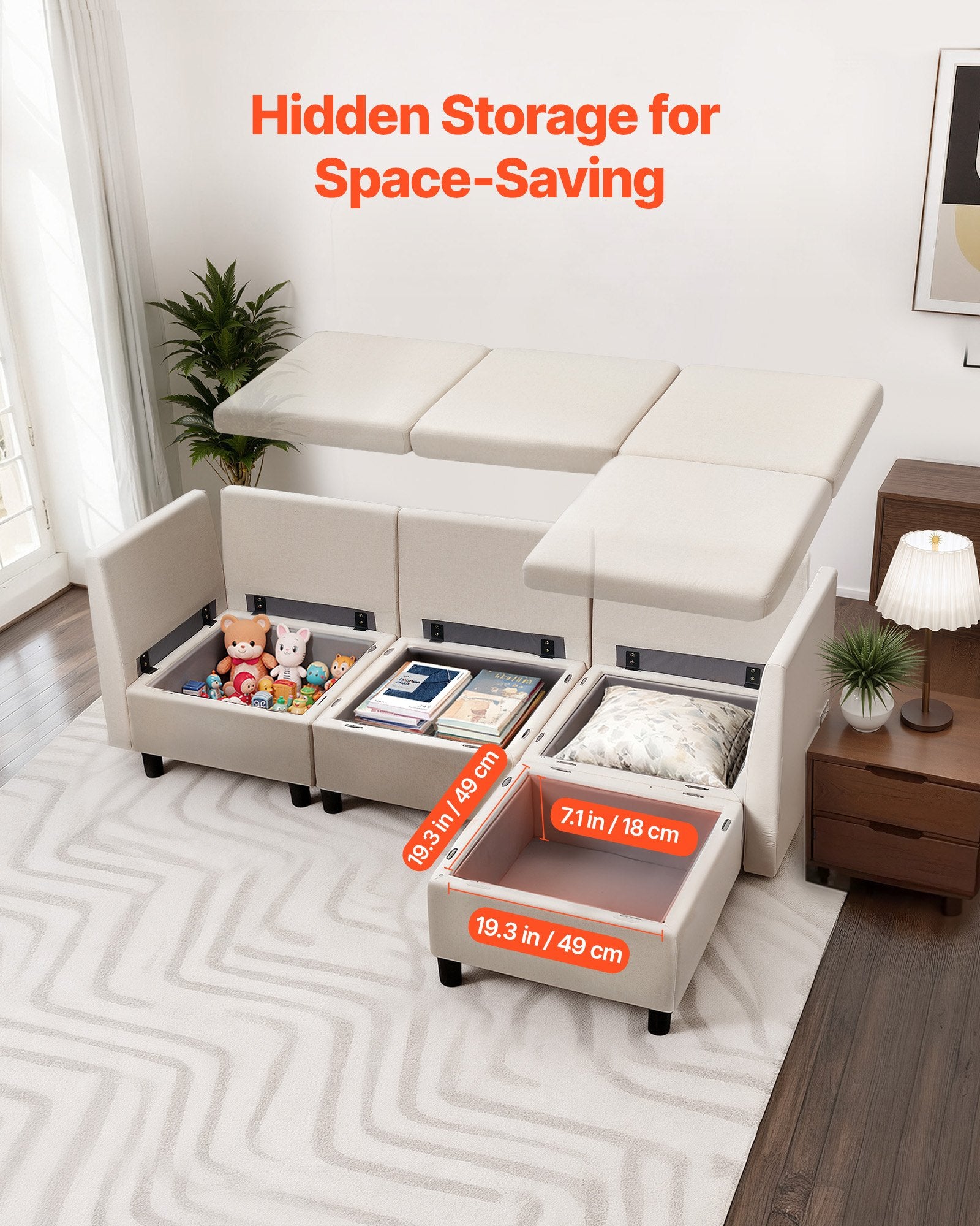 Modulinė kampinė sofa VEVOR SS001-3, 3 vietų su daiktadėžėmis