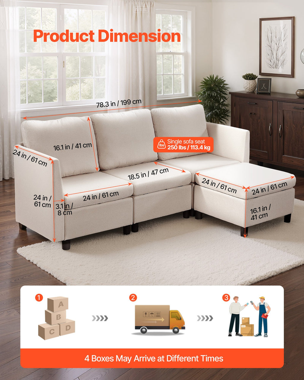 Modulinė kampinė sofa VEVOR SS001-3, 3 vietų su daiktadėžėmis