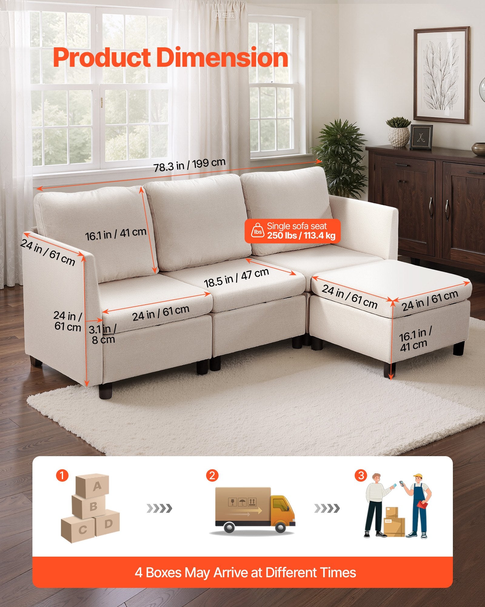 Modulinė kampinė sofa VEVOR SS001-3, 3 vietų su daiktadėžėmis