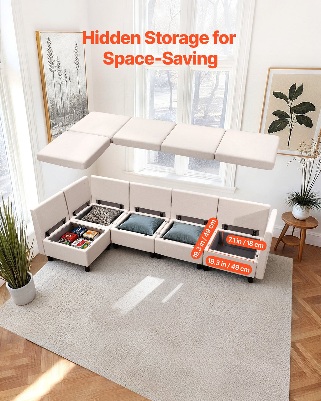 Modulinė kampinė sofa VEVOR SS001-5, 5 vietų su daiktadėžėmis