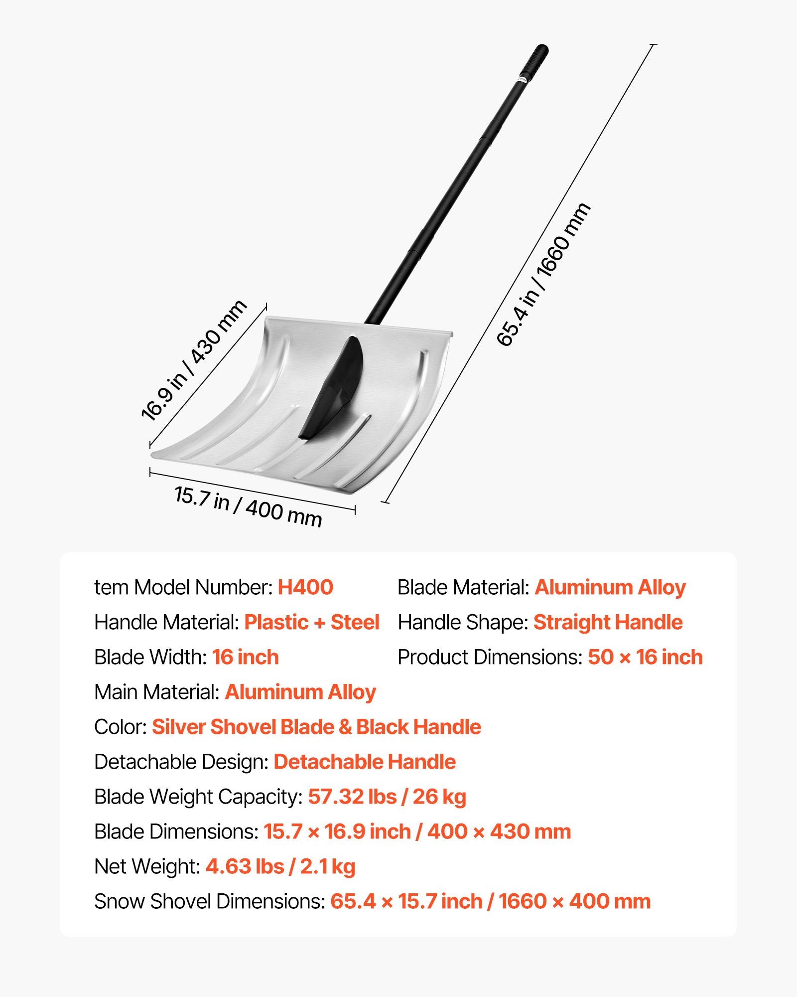 Sniego kastuvas VEVOR H400, 40 cm pločio