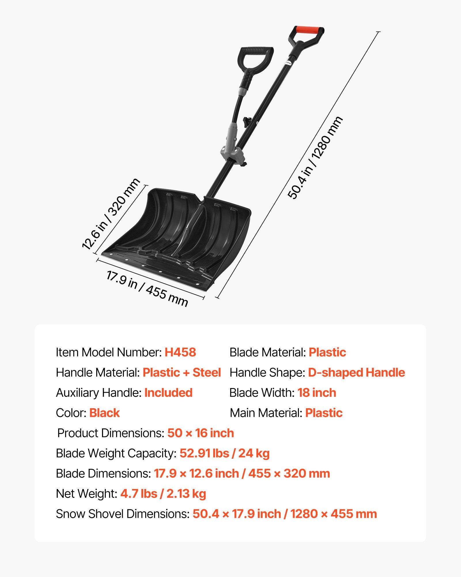 Sniego kastuvas VEVOR H458, 45,5 cm pločio