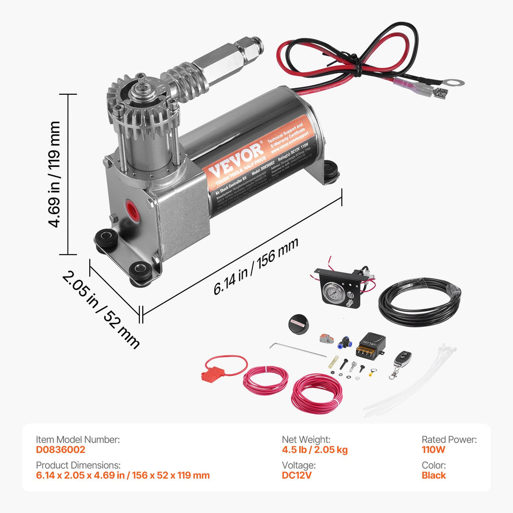 Oro pakabos kompresoriaus komplektas VEVOR D0836002, 12V 100PSI