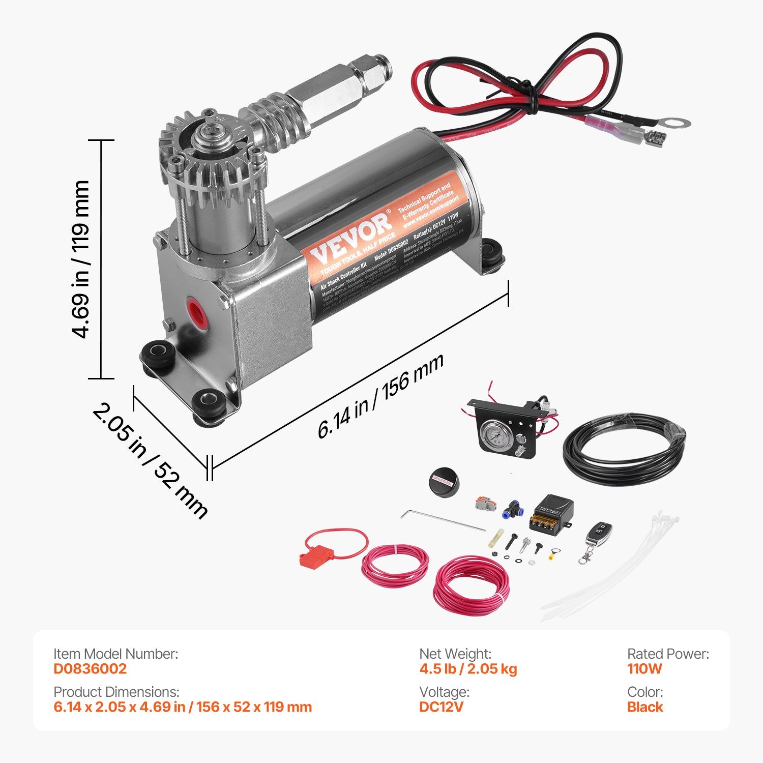 Oro pakabos kompresoriaus komplektas VEVOR D0836002, 12V 100PSI
