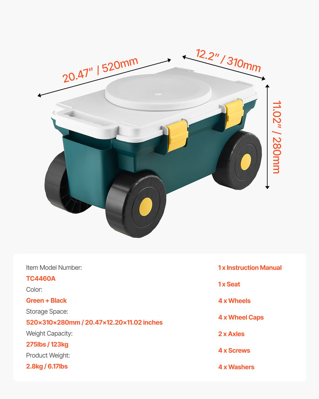 Sodo kėdutė-vežimėlis VEVOR TC4460A, 123 kg apkrova
