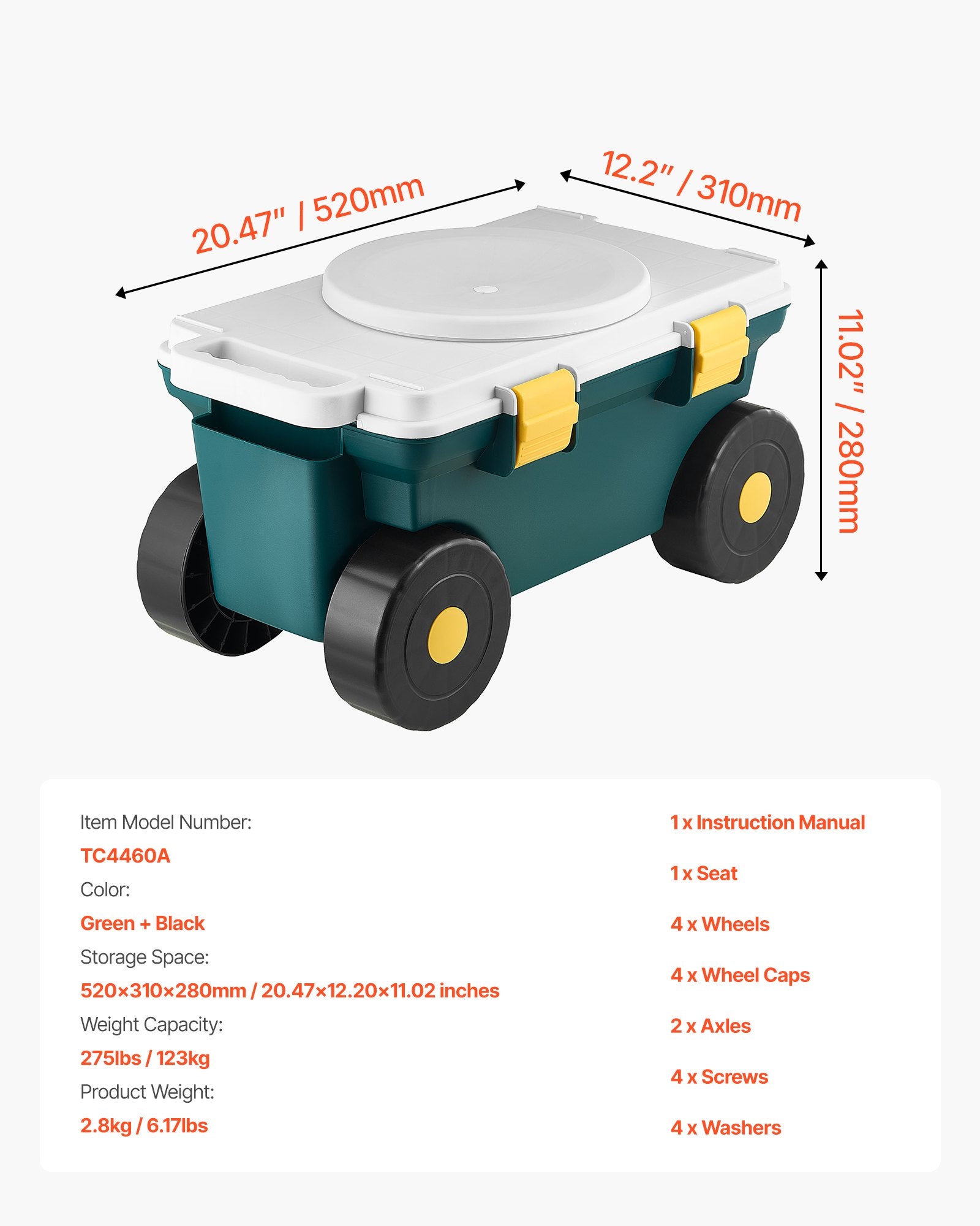 Sodo kėdutė-vežimėlis VEVOR TC4460A, 123 kg apkrova
