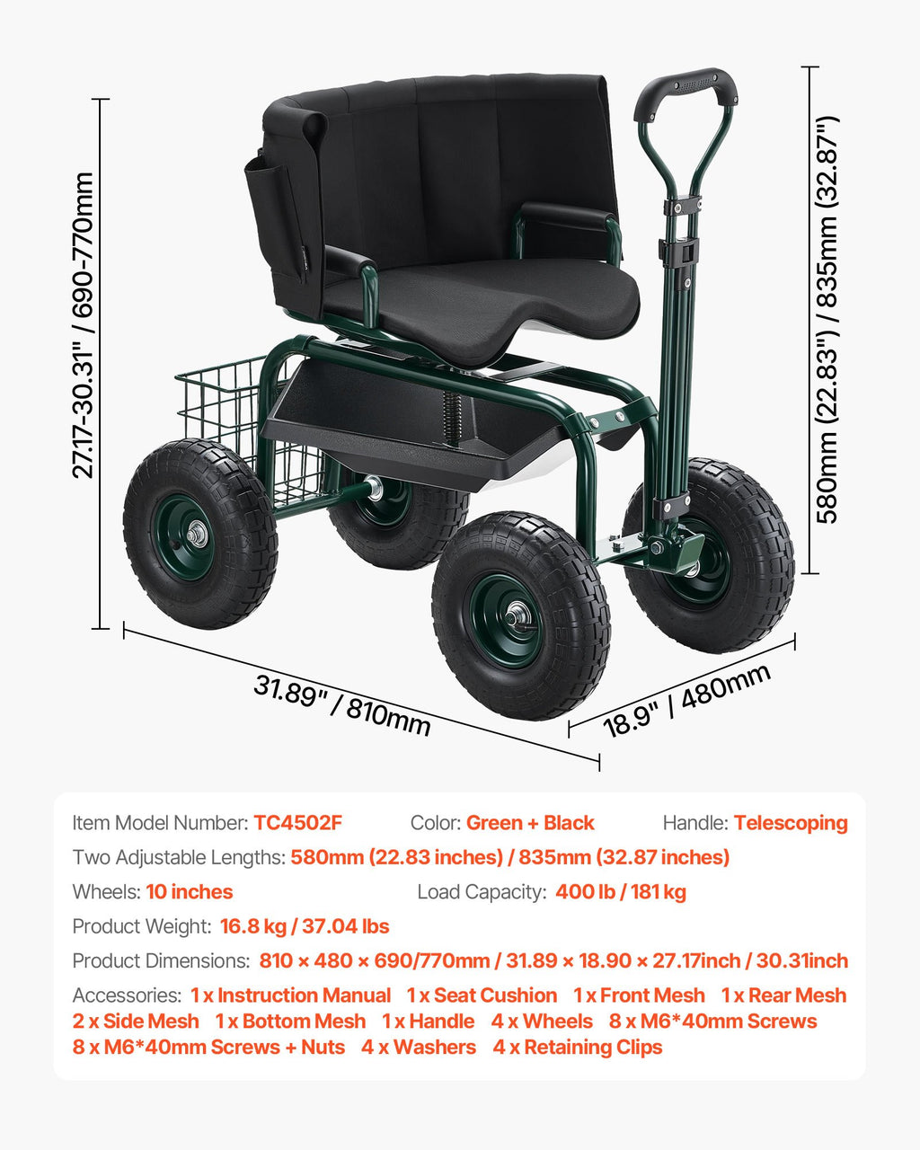 Sodo kėdė su ratukais VEVOR TC4502F, 181 kg apkrova