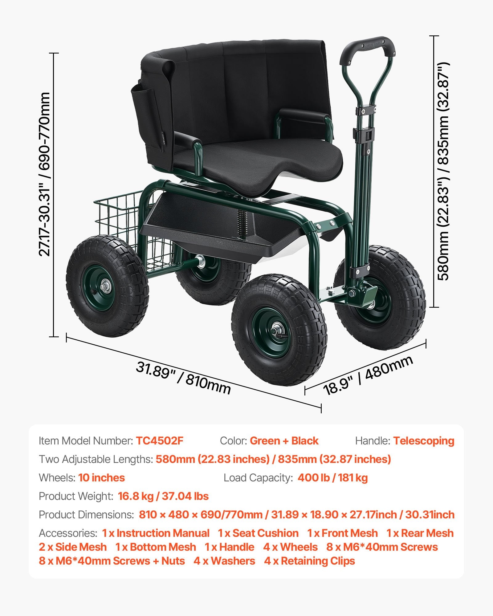 Sodo kėdė su ratukais VEVOR TC4502F, 181 kg apkrova