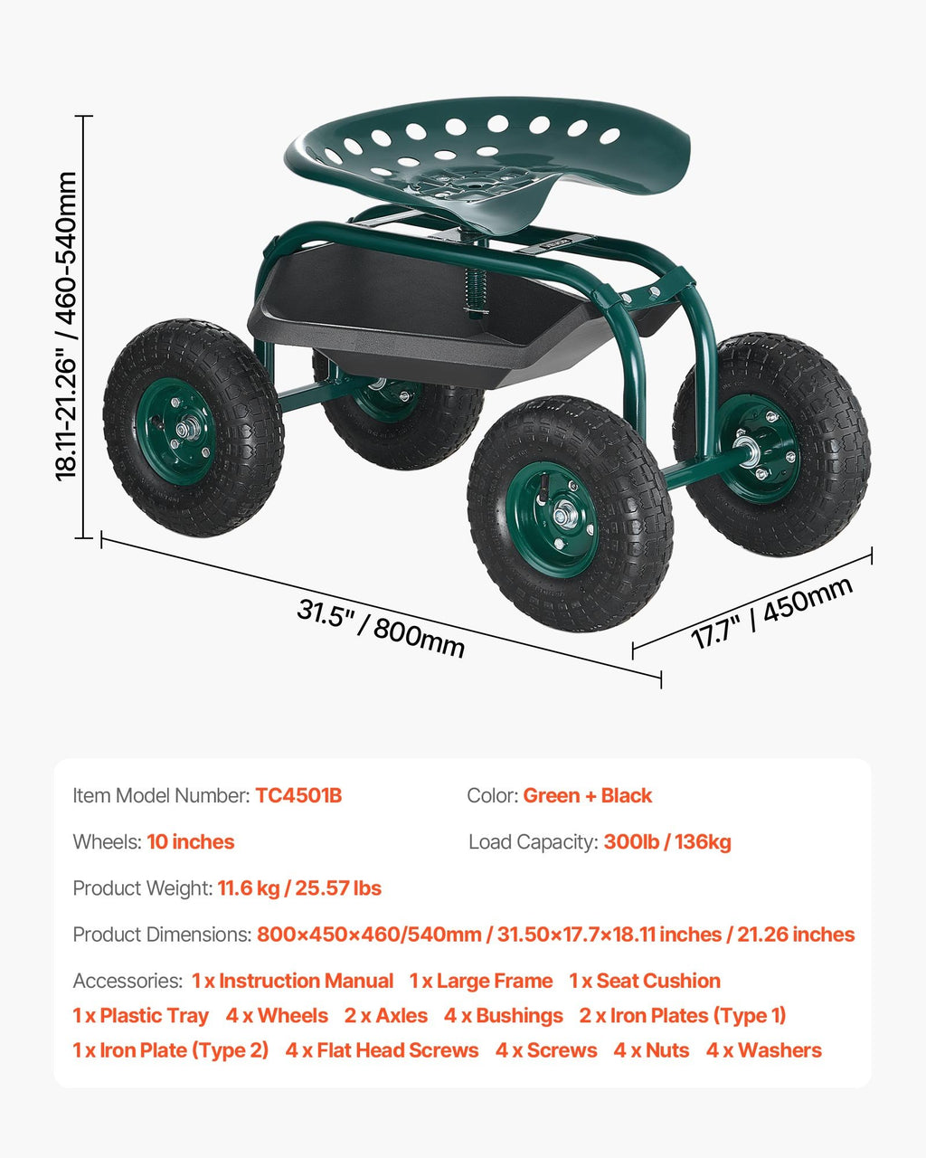 Sodo kėdutė su ratukais VEVOR TC4501B, 136 kg keliamoji galia