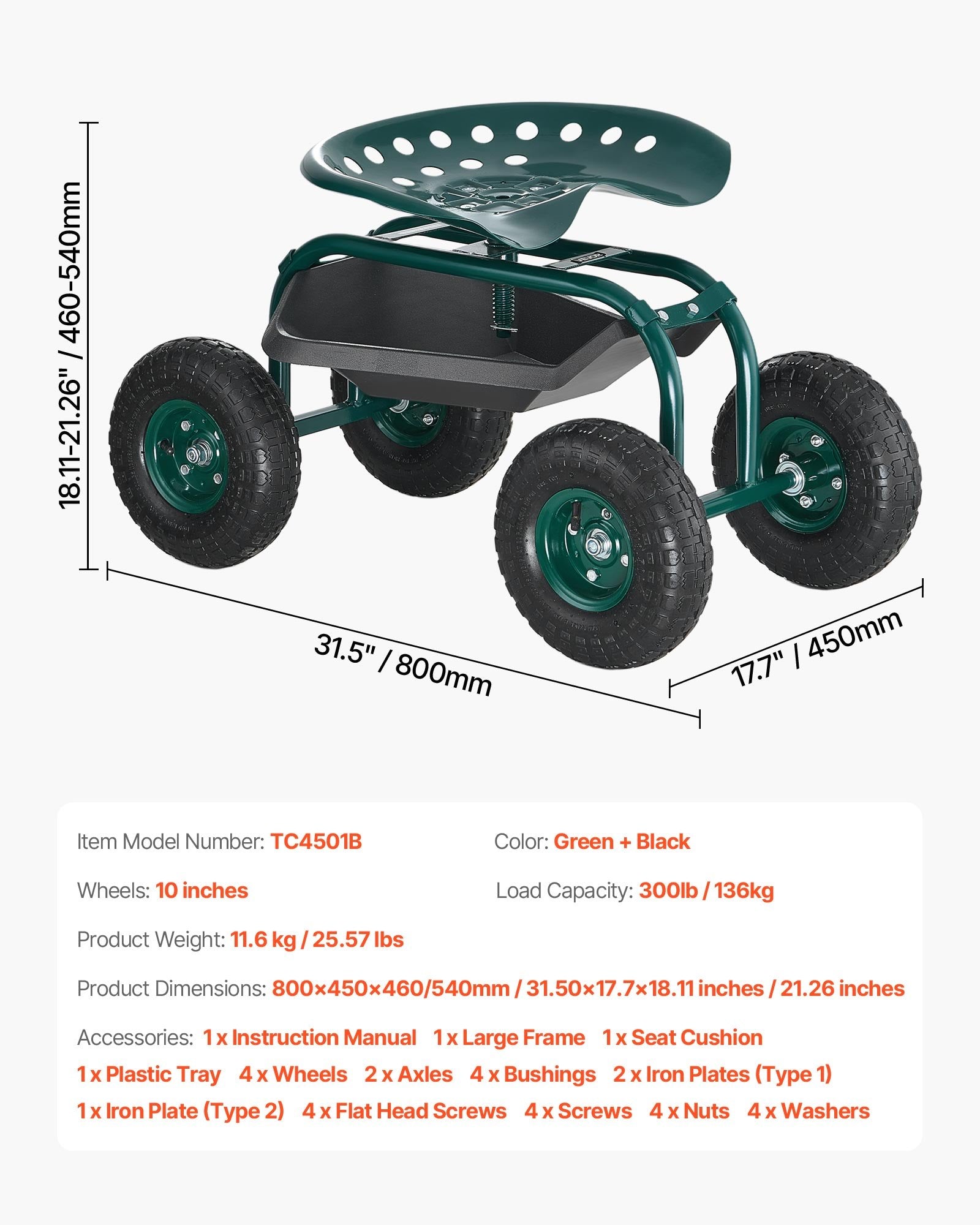 Sodo kėdutė su ratukais VEVOR TC4501B, 136 kg keliamoji galia