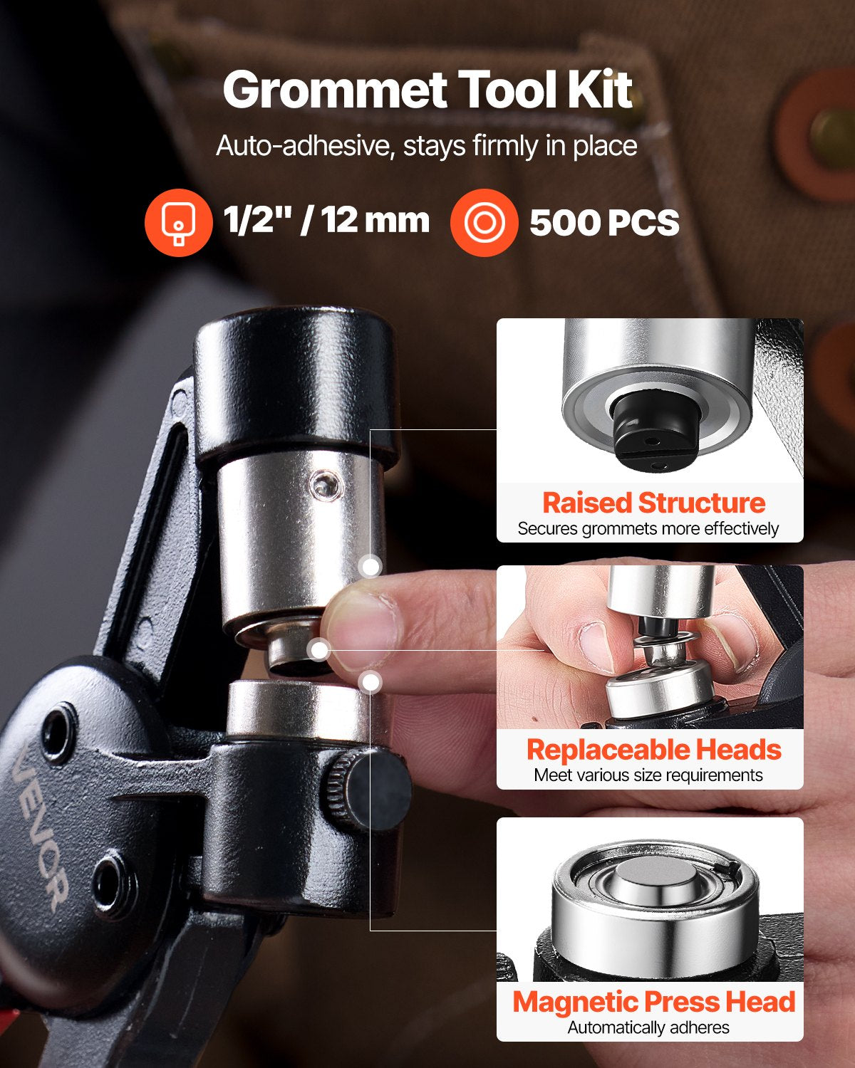 Kniedijimo įrankių rinkinys VEVOR 12MM5M, 500 vnt. 12 mm kniedžių