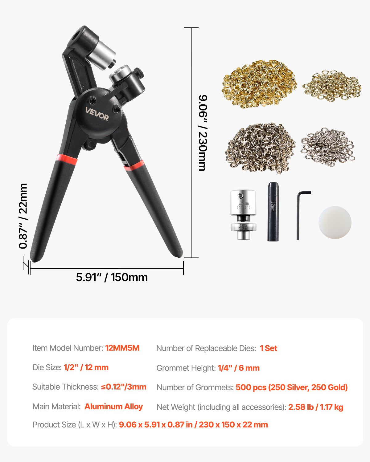 Kniedijimo įrankių rinkinys VEVOR 12MM5M, 500 vnt. 12 mm kniedžių