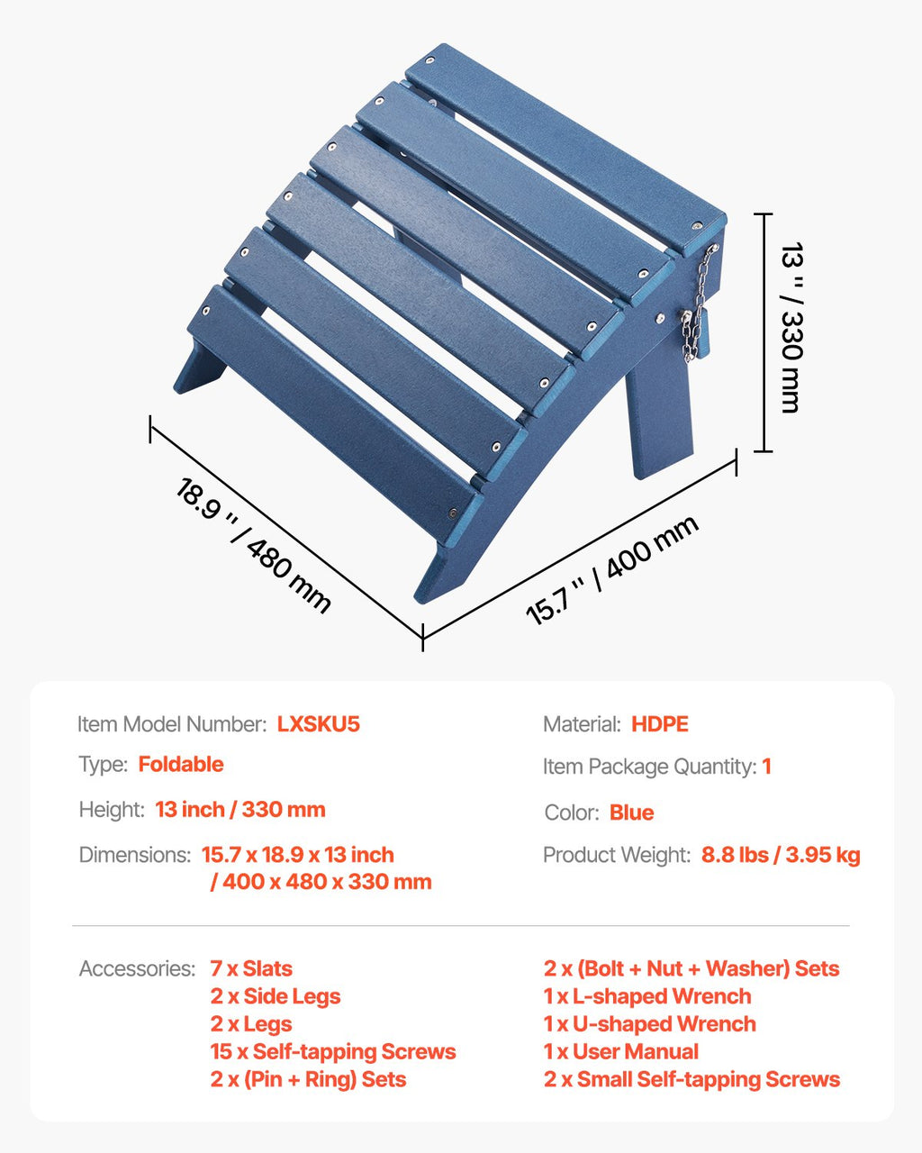 Adirondack kėdės pakojis VEVOR LXSKU5, sulankstomas, HDPE plastikas