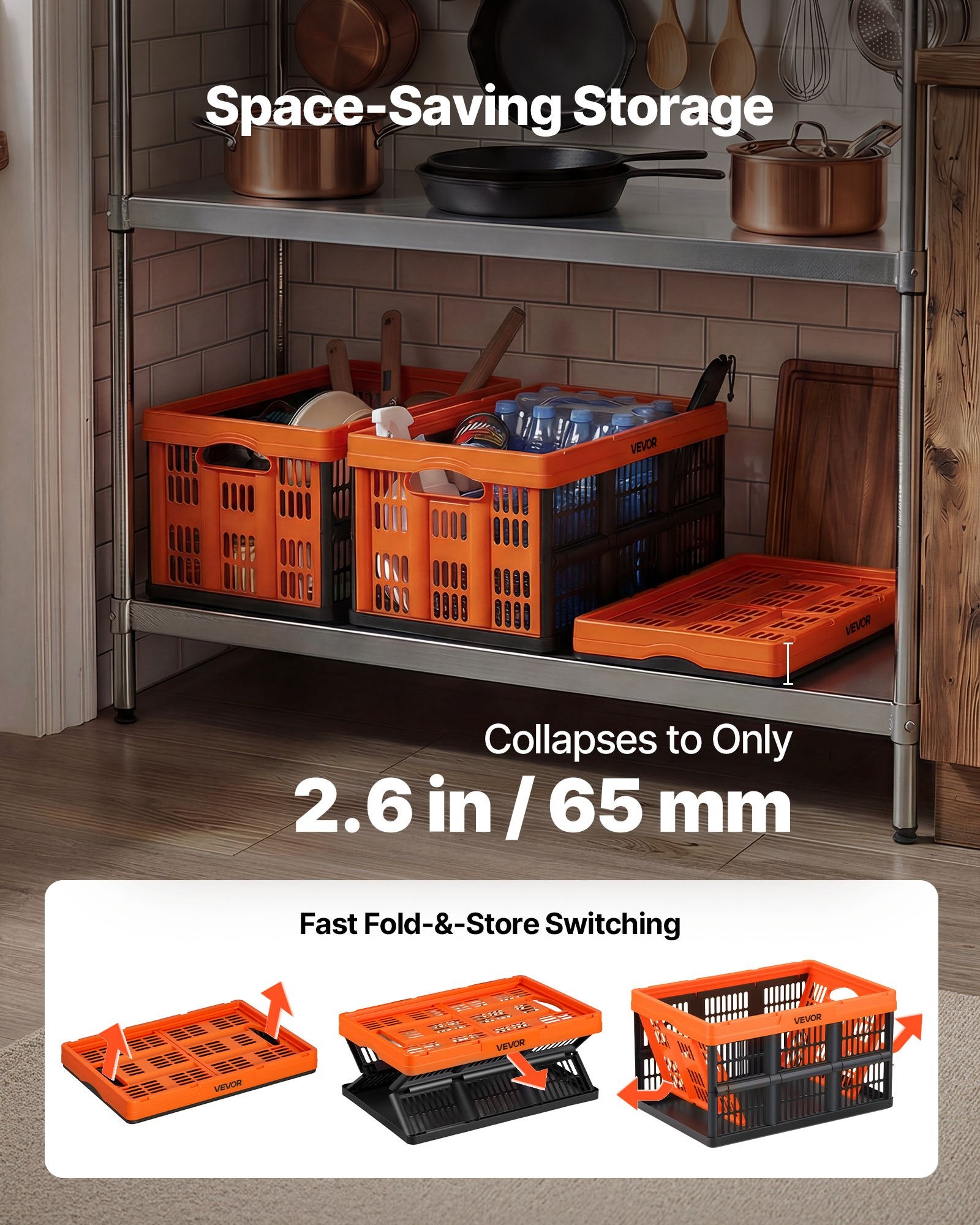 Sulankstomos plastikinės dėžės VEVOR ZJKS5336295W, 45 l (6 vnt.)