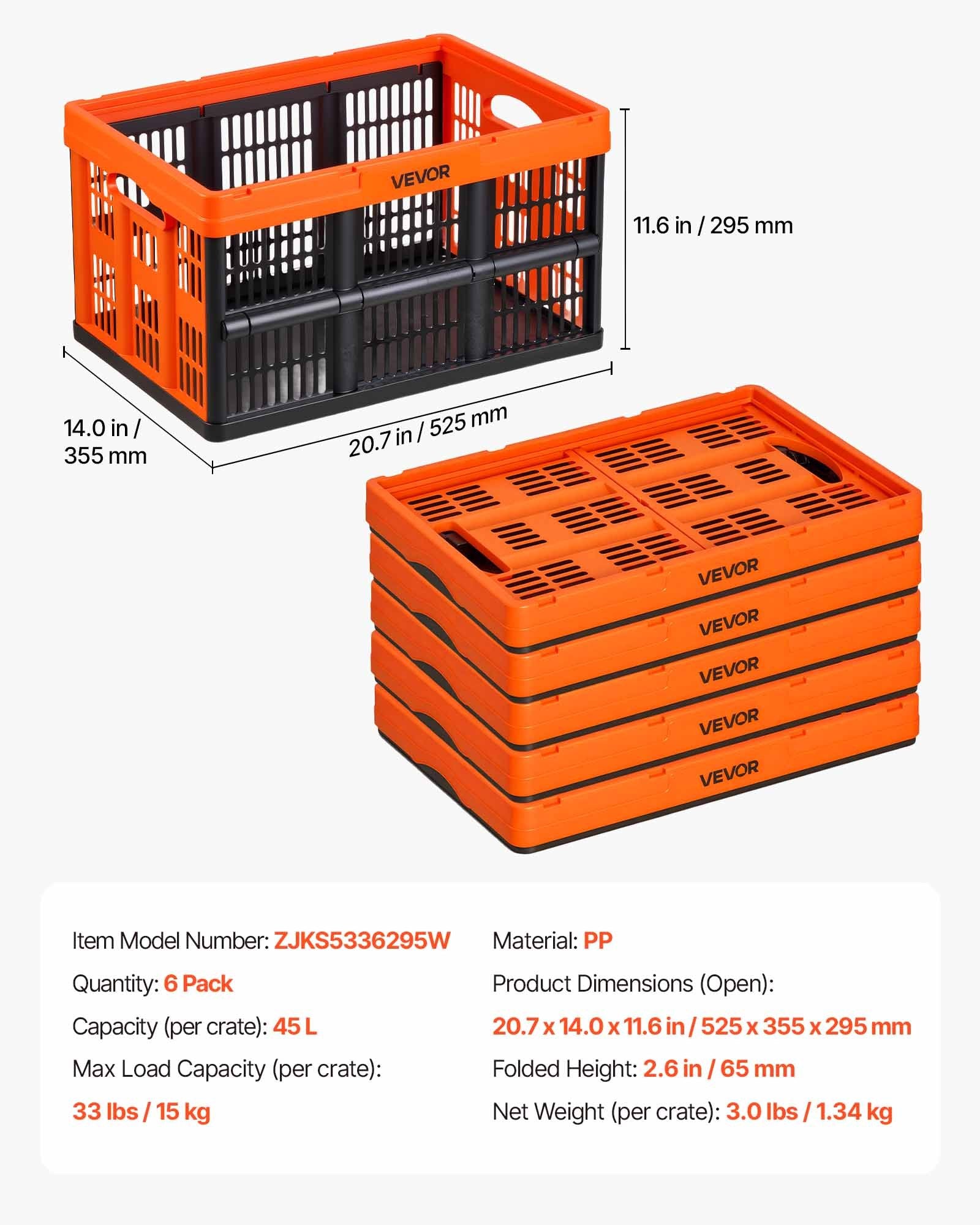 Sulankstomos plastikinės dėžės VEVOR ZJKS5336295W, 45 l (6 vnt.)