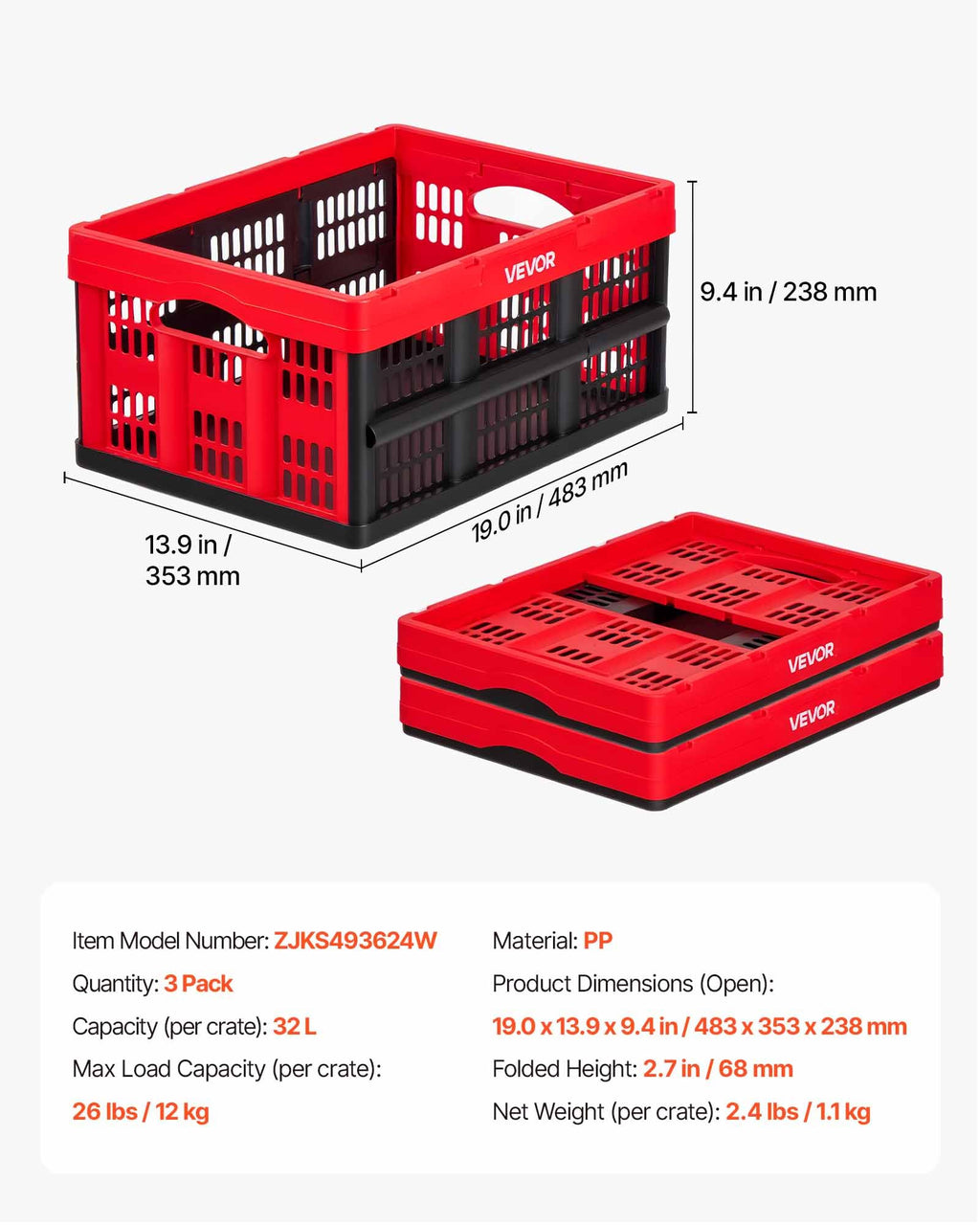 Sulankstomos plastikinės dėžės VEVOR ZJKS493624W, 3 vnt., 32 l