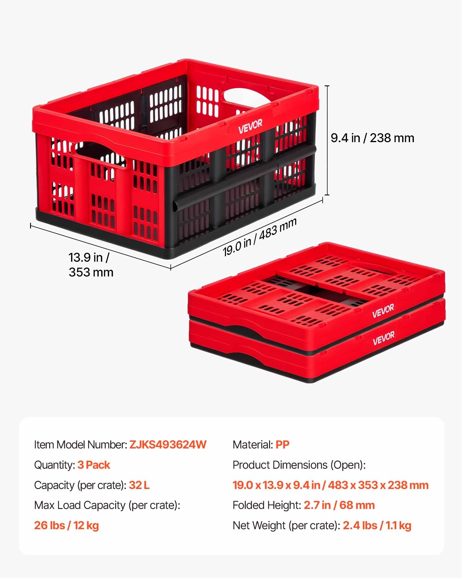 Sulankstomos plastikinės dėžės VEVOR ZJKS493624W, 3 vnt., 32 l