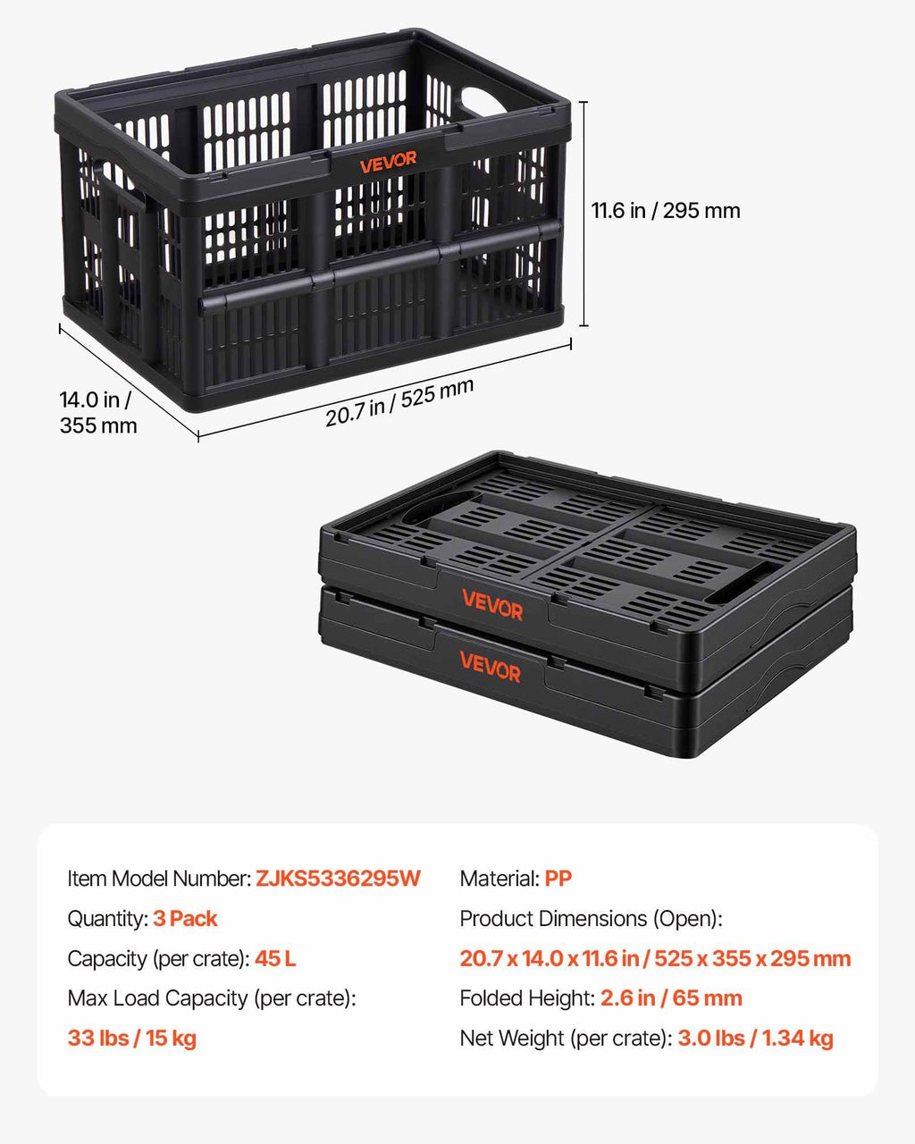 Sulankstomos plastikinės dėžės VEVOR ZJKS5336295W, 45 l, 3 vnt.