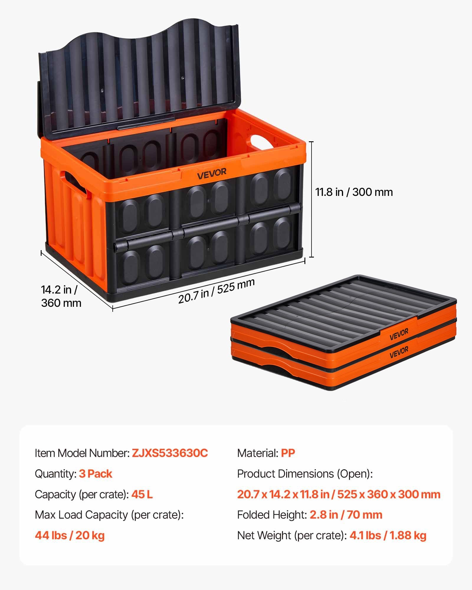 Sulankstomos plastikinės dėžės VEVOR ZJXS533630C, 45 l (3 vnt.)