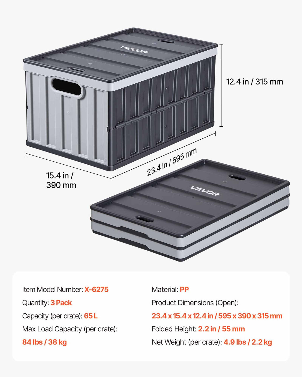 Sulankstomos plastikinės dėžės VEVOR X-6275, 65 l, 3 vnt.
