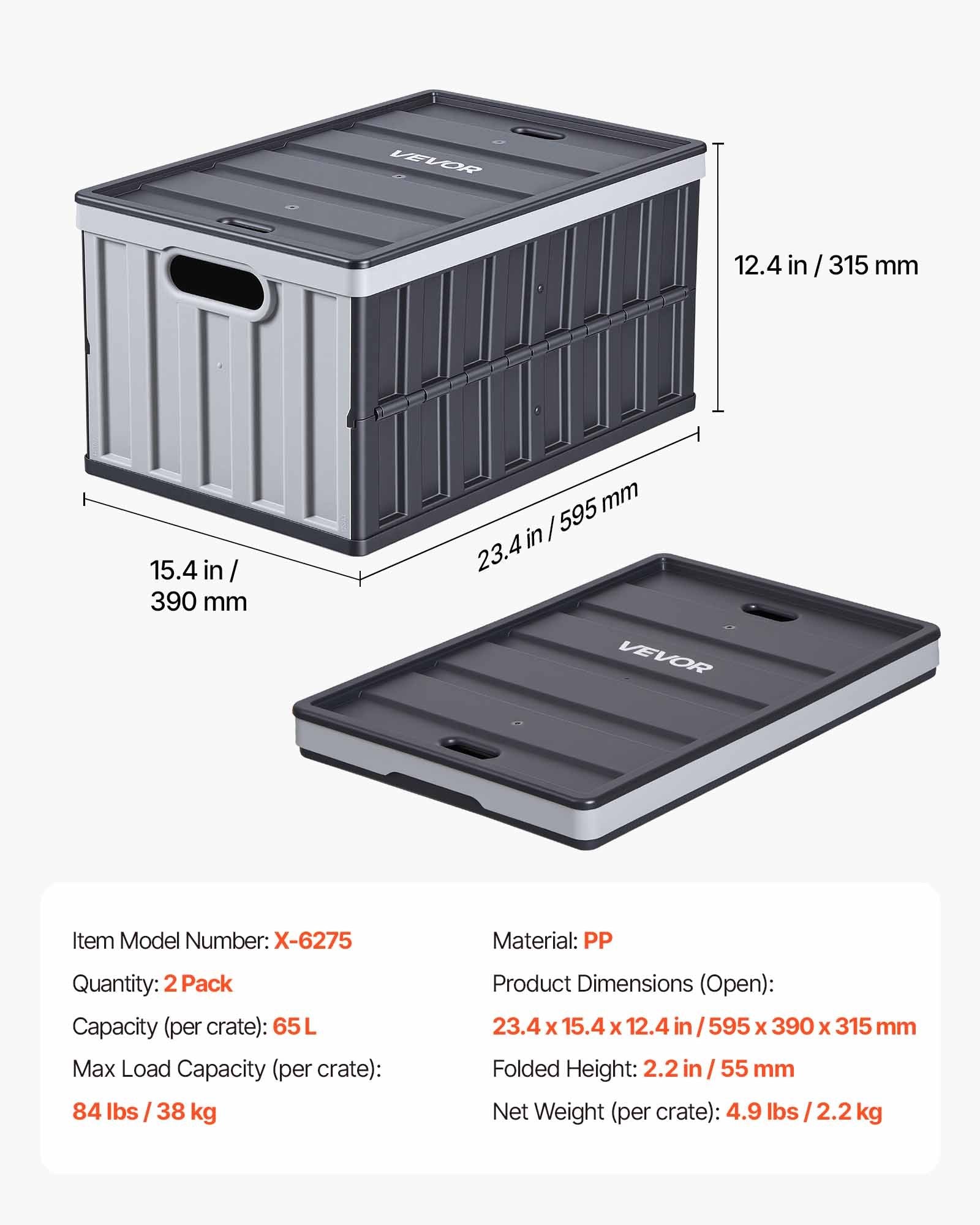 Sulankstomos plastikinės dėžės VEVOR X-6275, 65 l, 2 vnt.